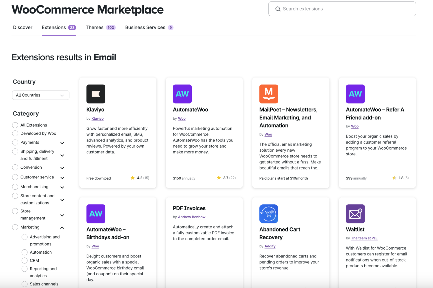 email extensions in the WooCommerce extension library